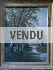 Peinture école de Barbizon représentant une Femme longeant une Rivière dans un sous bois - Signé Alfred