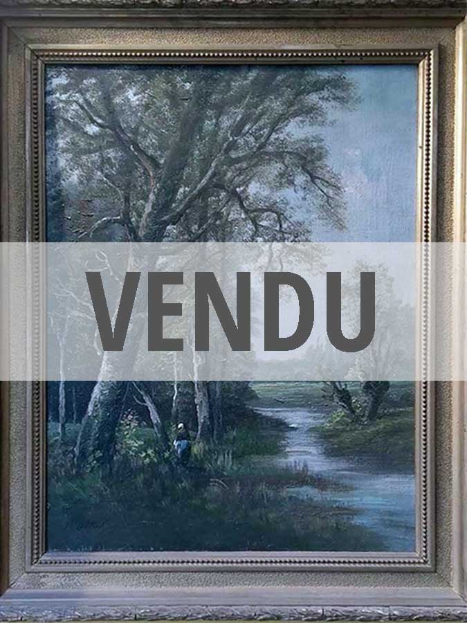 Peinture école de Barbizon représentant une Femme longeant une Rivière dans un sous bois - Signé Alfred