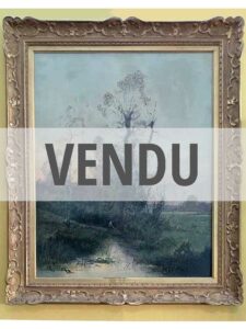 Peinture, un pécheur au bord de la rivière avec en arrière plan un village et son clocher au coucher du soleil, Signé Charles Clair