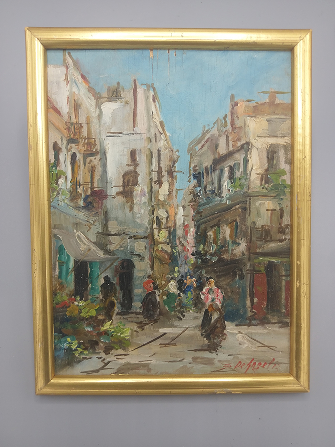 Petite Peinture sur bois figurant " une rue Animée du Sud de la France "