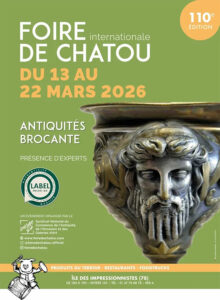 Affiche de la Foire internationale de Chatou 2026 présentant les dates du 13 au 22 mars, dédiée aux antiquités et à la brocante.