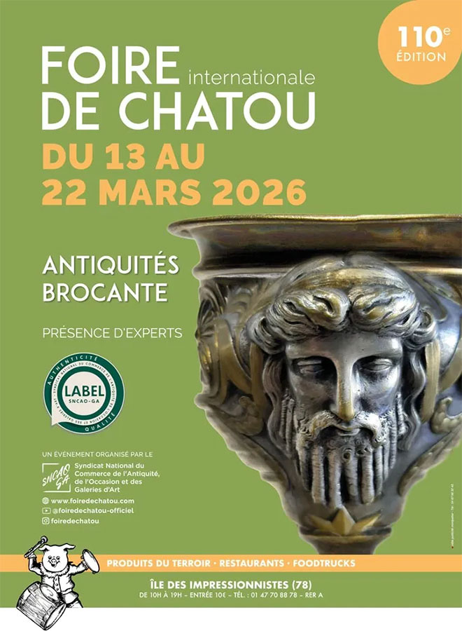 Affiche de la Foire internationale de Chatou 2026 présentant les dates du 13 au 22 mars, dédiée aux antiquités et à la brocante.